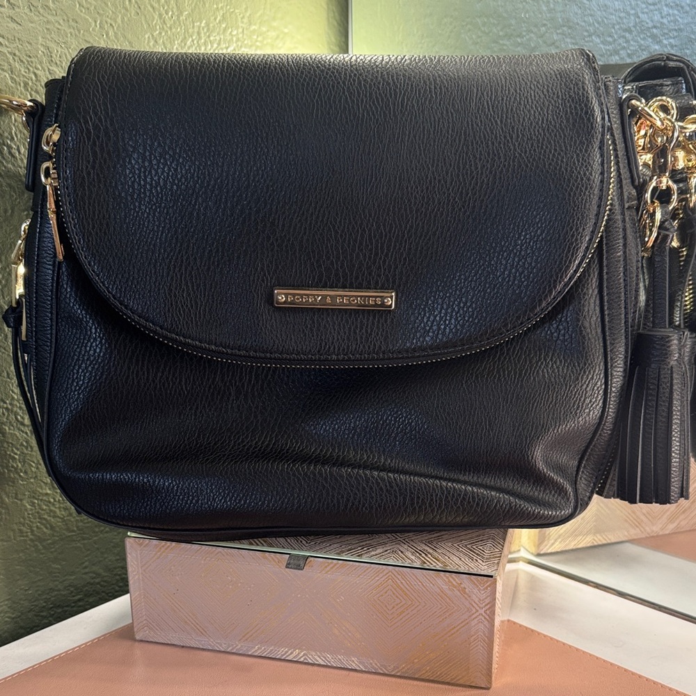 Poppy & Peonies Black Shoulder Bag with Gold Accents